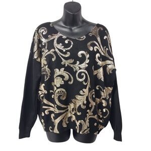 Bella Amore Made in Italy Black Gold Baroque Metallic Sweater OS One Size NWT